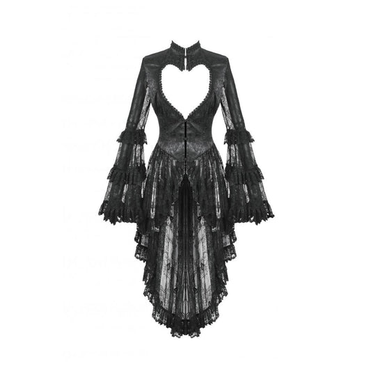 Close-up of the gothic tailcoat showcasing the exquisite lace accents and dramatic heart-shaped cut-outs, ideal for a sophisticated and romantic look.