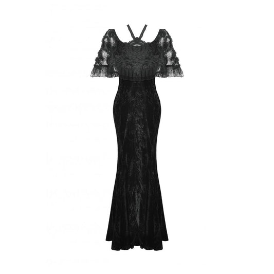 Close-up view of the Dark Rose embroidery on the Dark in Love Alazne Mermaid Maxi Dress, highlighting the luxurious detailing and gothic charm.