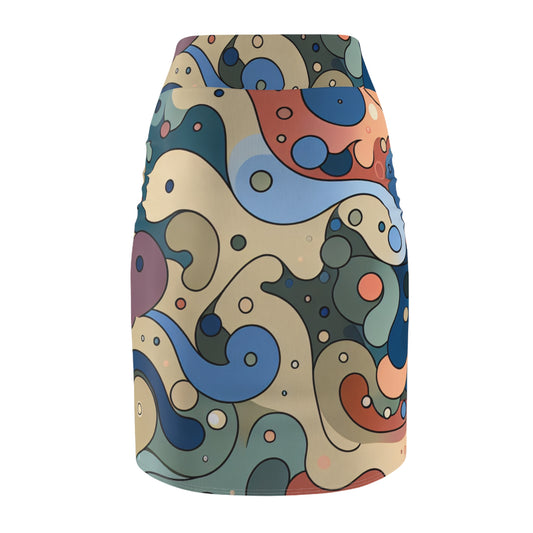 Vivienne Clairmont Pencil Skirt featuring a creative irregular design with vibrant swirls and abstract shapes, perfect for comfortable luxury in Summer 2024.