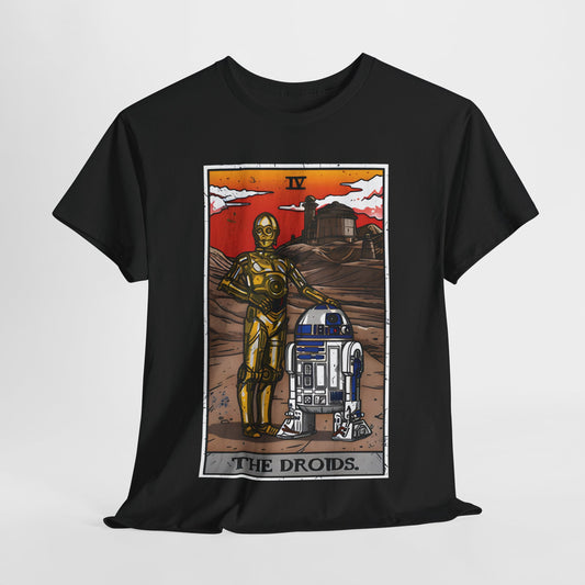 The Droids Tarot Card Graphic T-Shirt Urban Unisex Cotton Tee in black showcasing a luxury design with C-3PO and R2-D2, set against a desert landscape.