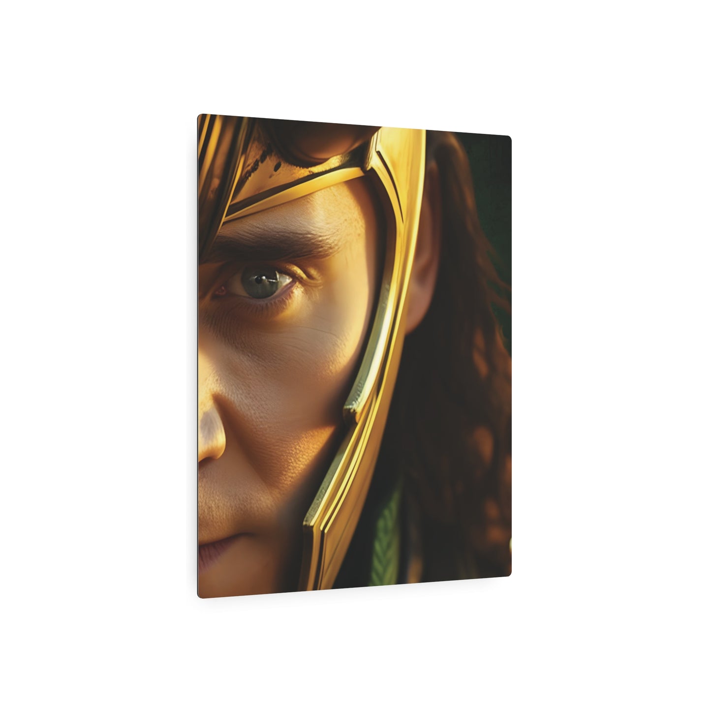 Marvel Loki Metal Art Poster capturing the essence of Loki's character with a focus on his intense gaze and decorative headpiece, crafted in exquisite matte aluminium for sophisticated decor.
