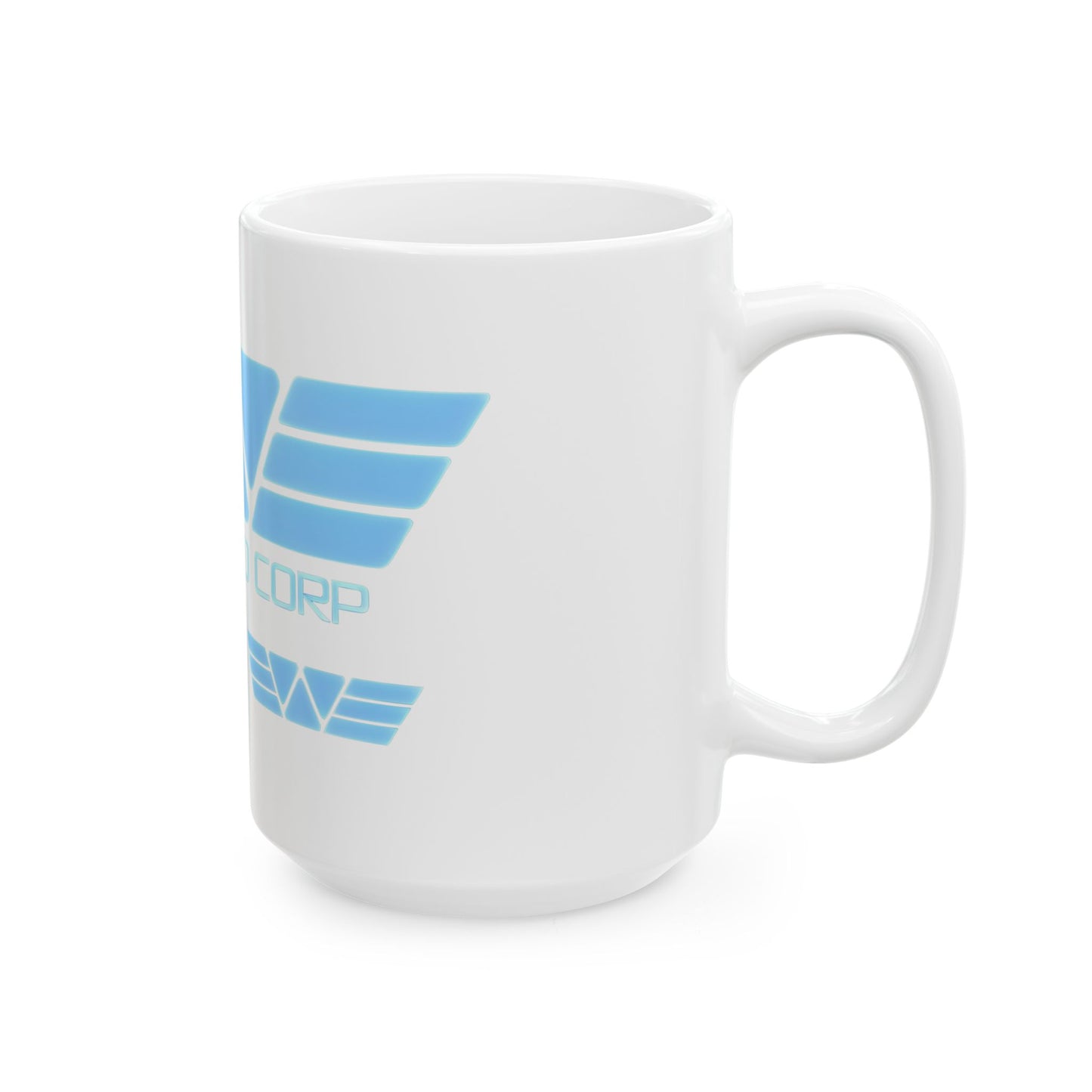 Close-up of the Weyland Corp Alien Retro Ceramic Coffee Mug, showcasing its sleek design and glossy finish - because who wouldn't want to drink coffee from a mug that screams sci-fi superiority?