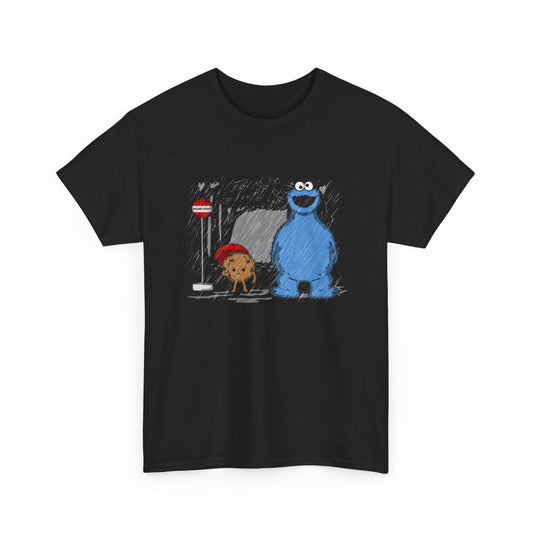 Luxurious unisex Cookie Monster Sesame Street graphic t-shirt displaying the endearing blue character and a cute cookie companion, ideal for adding a playful touch to any outfit.