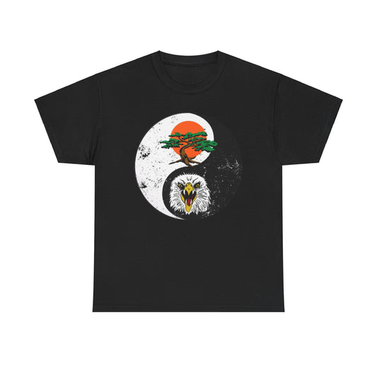 Luxury black graphic t-shirt featuring a striking yin-yang design, showcasing a vibrant bonsai tree under a rising sun and an aggressive eagle, perfect for martial arts enthusiasts.