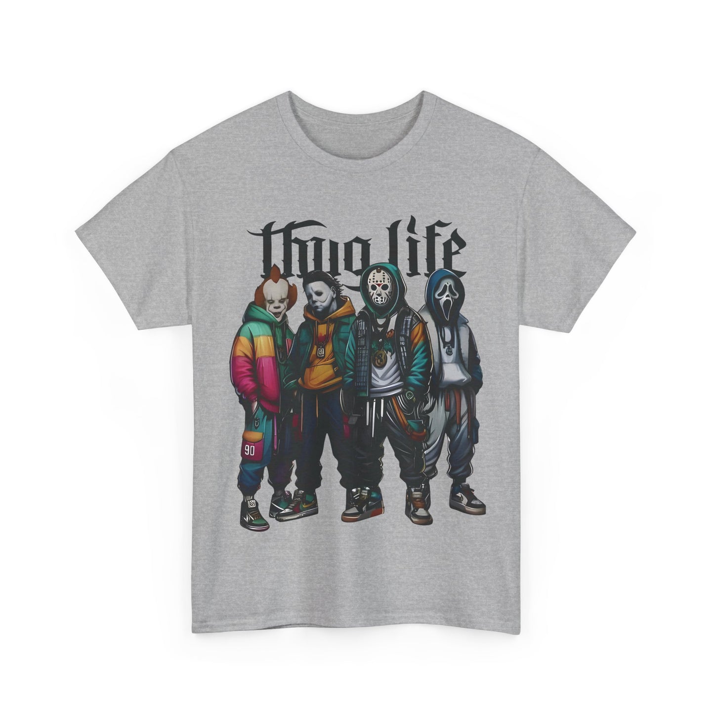 Luxury Thug Life Horror Characters Graphic T-Shirt in heather grey, presenting notable horror figures in stylish street attire.