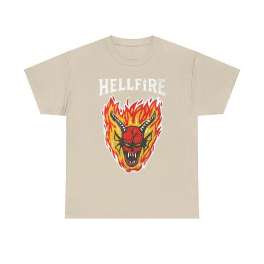 Elegant unisex Hellfire graphic T-shirt showcased in beige, adorned with a striking flame motif and an eye-catching demon graphic, ideal for stylish casual wear.