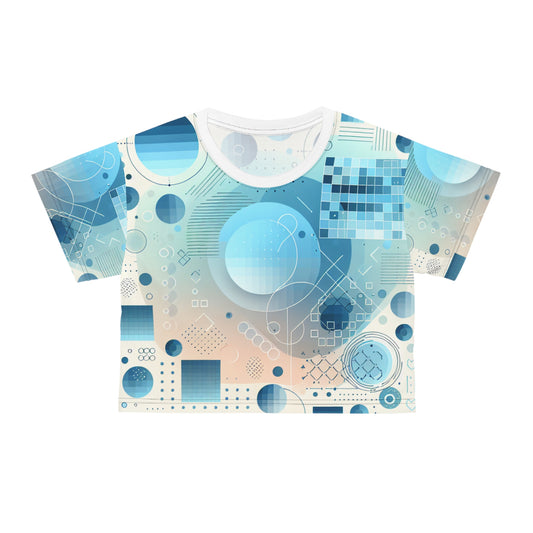 Close-up of the Modish Blue Gradation Crop T-Shirt showcasing abstract non-geometric shapes in stylish pastel blue, perfect for artistic fashion lovers.