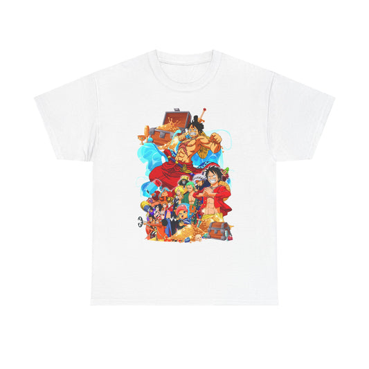 Elegant white men's t-shirt adorned with a stunning illustration of beloved anime characters celebrating adventure, ideal for stylish casual wear.