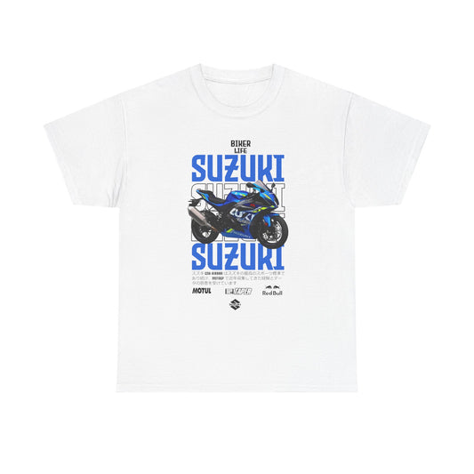 Elegant white Suzuki GSX-R1000 graphic t-shirt showcasing the iconic motorcycle with bold 'Biker Life' text in striking blue, perfect for riders.