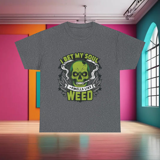 420 Cannabis Marijuana Graphic T-Shirt in a chic grey hue showcasing a striking skull graphic with vibrant green details and the words 'I Bet My Soul Smells Like Weed', ideal for stylish casual attire.