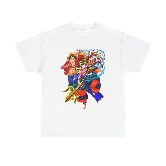 Luxury men's t-shirt featuring bold anime art with dynamic characters, perfect for trendsetting fans of anime.