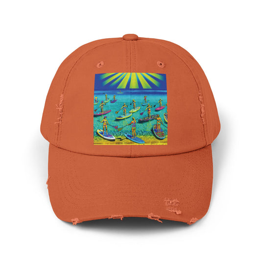 Unisex Distressed Paddleboarders Cap in orange showcasing a colourful paddleboarding scene, perfect for luxurious sun protection on your aquatic adventures.