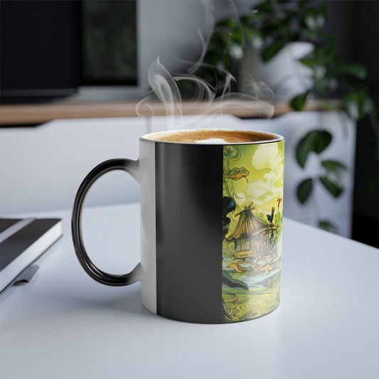 Discworld Witches Abroad Colour Morphing Mug filled with a steaming beverage, highlighting the magical transformation features and elegant design for an immersive drinking experience.