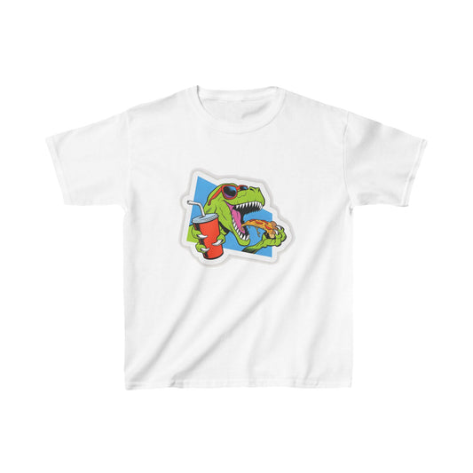 Elegant Unisex Kids T-Rex Pizza Cotton T-Shirt showcasing a whimsical T-Rex with sunglasses, relishing pizza, ideal for young adventurers who appreciate unique fashion.