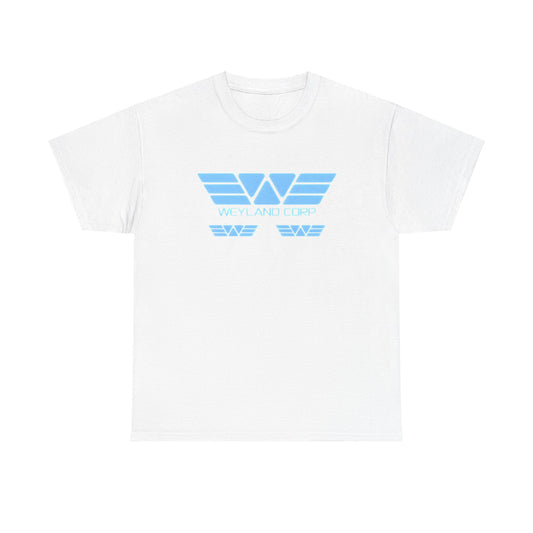 Weyland Corporation Retro Logo Graphic Tee Unisex in white, showcasing a striking sky blue logo that celebrates classic sci-fi aesthetics.