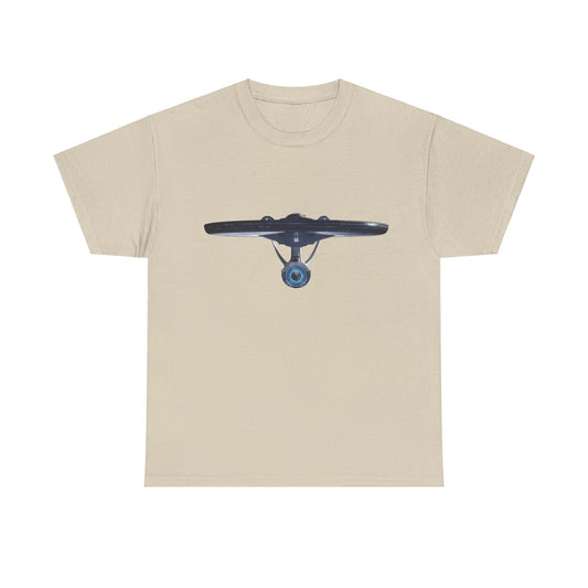 USS Enterprise Star Trek Graphic Unisex T Shirt Tee in beige, showcasing a striking depiction of the USS Enterprise for stylish science fiction enthusiasts.