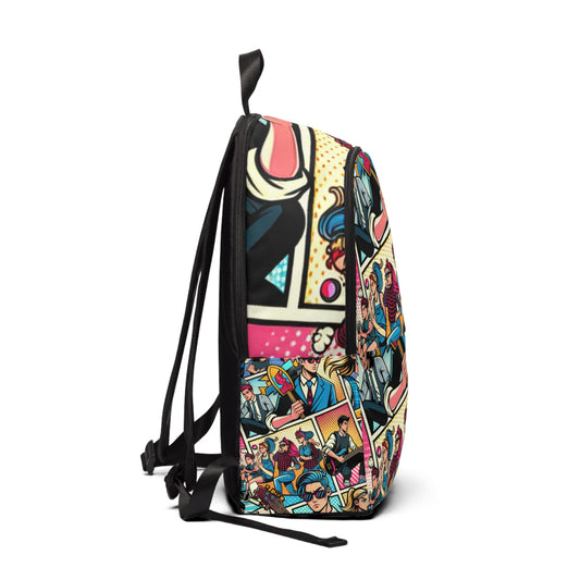 Close-up view of the Dynamic Pop Art Backpack by Dazzling Dreams Studio, detailing its artistic flair and high-quality materials.