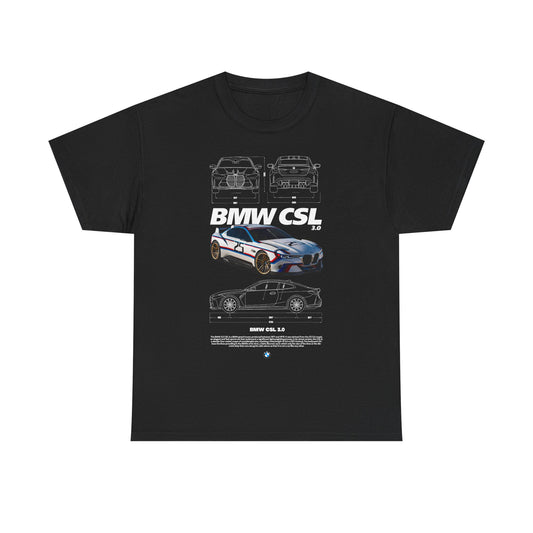 Exclusive men's black T-shirt adorned with a stunning BMW CSL 3.0 race car illustration, complemented by technical drawings and bold typography—ideal for stylish car lovers.