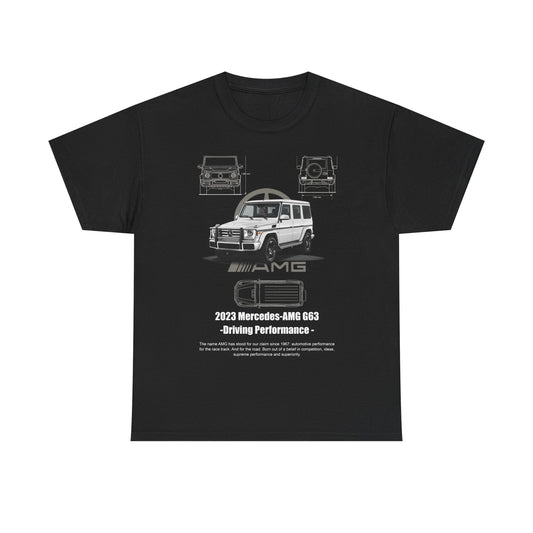 Elegant black men's t-shirt displaying the 2023 Mercedes-AMG G63 design with intricate vehicle sketches, epitomising luxury and automotive expertise.