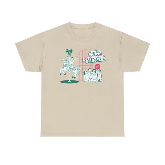 Elegant beige unisex t-shirt showcasing a stylish Squid Game graphic design with a carousel horse, perfect for fans who appreciate trendy and humorous fashion.