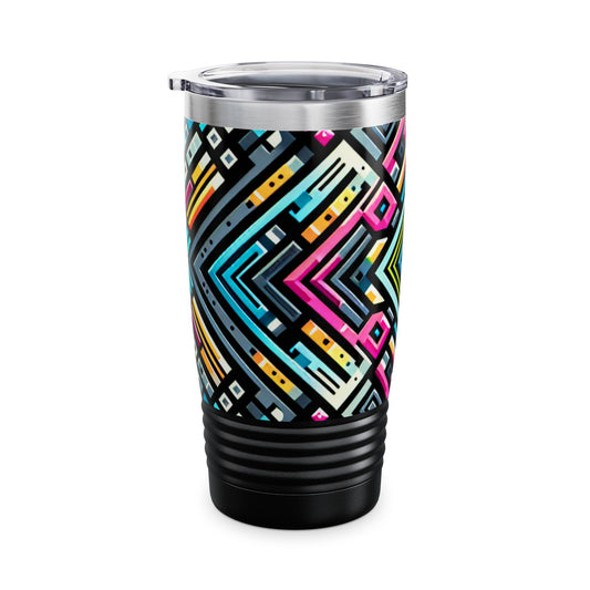 Close-up view of the Vibrant Neon Stainless Steel Tumbler by Dazzling Dreams Studio highlighting the double-wall insulation and stylish ribbed bottom.