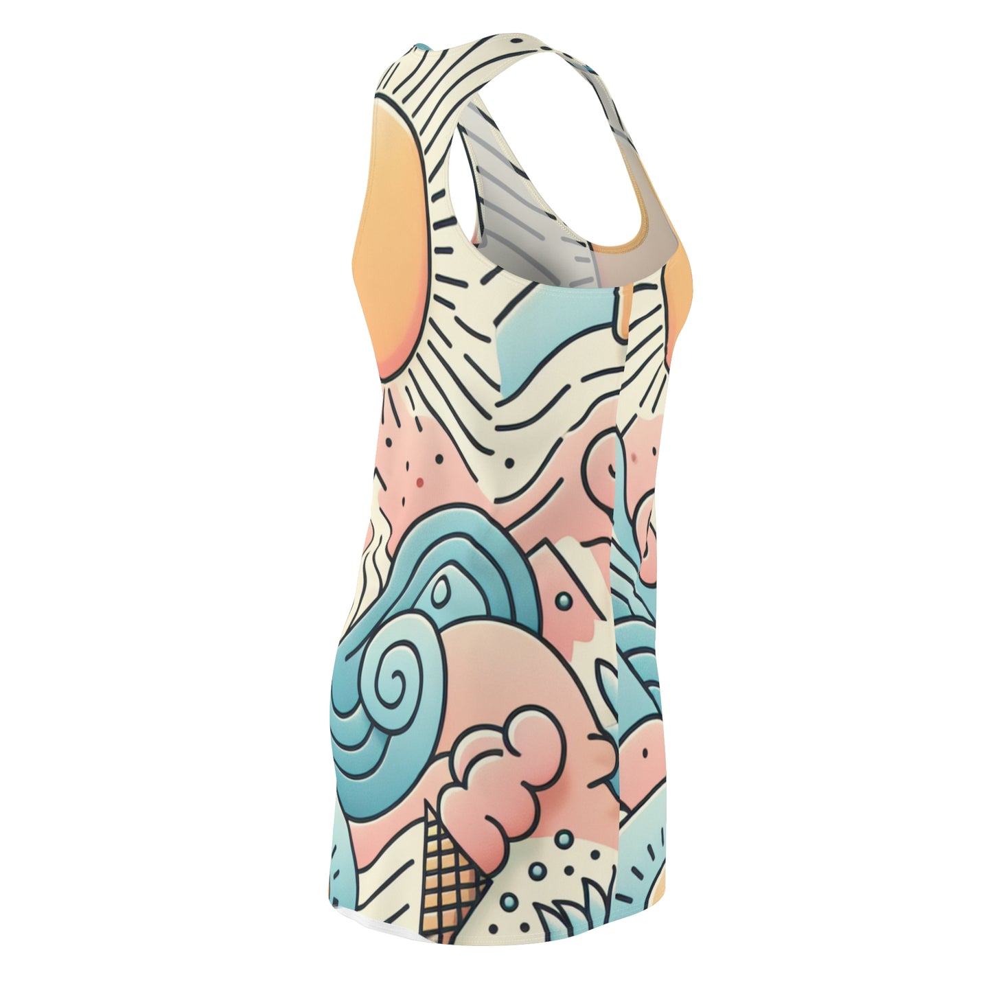 Ariella Phoenix Racerback Dress by Dazzling Dreams Studio featuring vibrant pastel sun, wave, and palm tree patterns, perfect for summer fashion and beach outings.