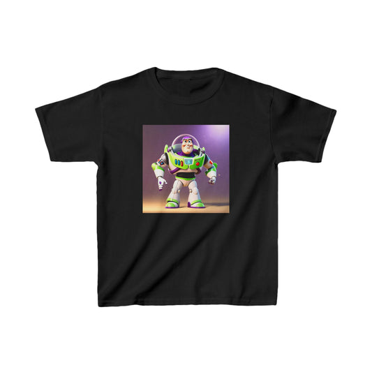 Kids Buzz Lightyear Heavy Cotton T-Shirt in black, adorned with a striking image of Buzz Lightyear, perfect for stylish young adventurers.