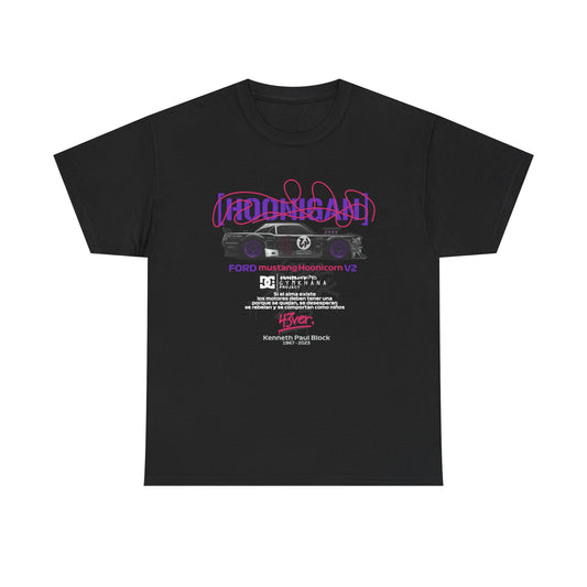 Elegant black Ford Mustang Hoonicon V2 graphic tee showcasing a striking drift car design with vivid purple accents, ideal for stylish motorsport fans.