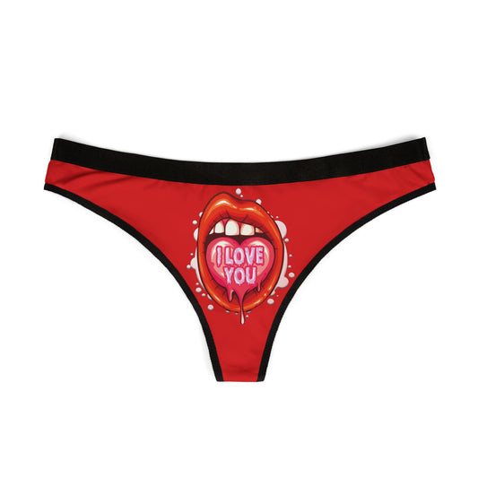 Luxurious women's thong showcasing a bold red colour with a cheeky graphic of lips and the phrase 'I Love You', ideal for adding a fun twist to intimate wear.