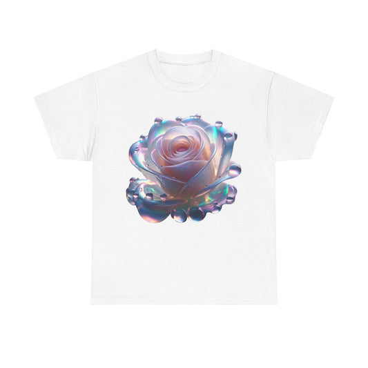 Ethereal Rose Tee Unisex Cotton Graphic T-Shirt showcasing a mesmerising iridescent rose design on a white backdrop, perfect for luxury style and comfort.
