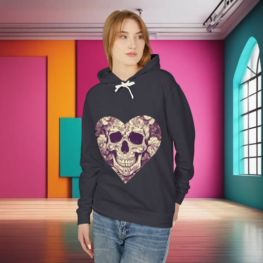 Unisex Lightweight Hooded Sweatshirt in dark colour, adorned with an eye-catching skull and roses graphic, worn by a model in a stylish indoor setting.