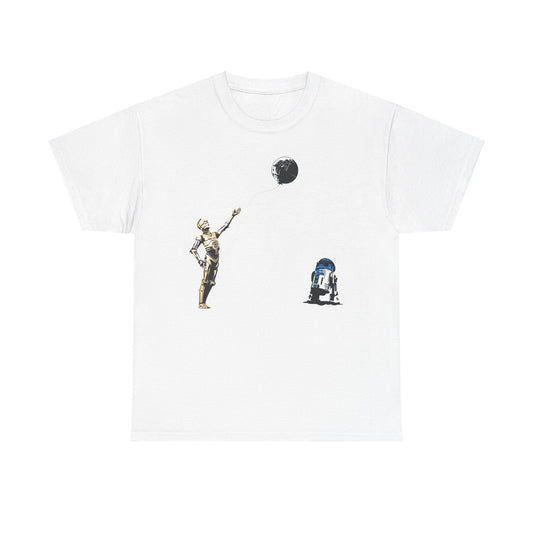 Elegant Star Wars T-Shirt showcasing a playful graphic of C-3PO and R2-D2, highlighted with a charming Death Star balloon design, perfect for fashion-forward fans.