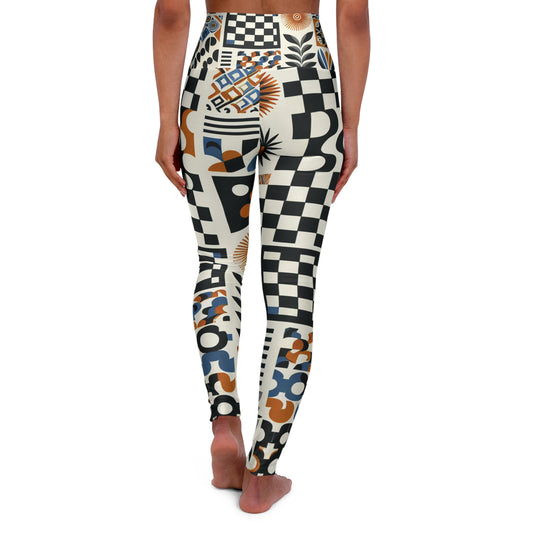 Evelyn Chicane High-Waisted Leggings showcasing a contemporary patterned style featuring vibrant checkerboard and organic shapes, viewed from the back on a model. Perfect for elevating your activewear collection.