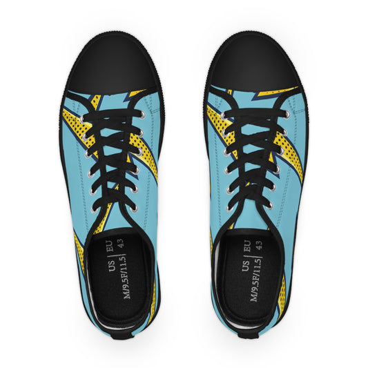 Volt Manchester Men’s Lowtop Sneakers showcasing vibrant pop-art design featuring yellow lightning bolts on blue canvas, viewed from the top.