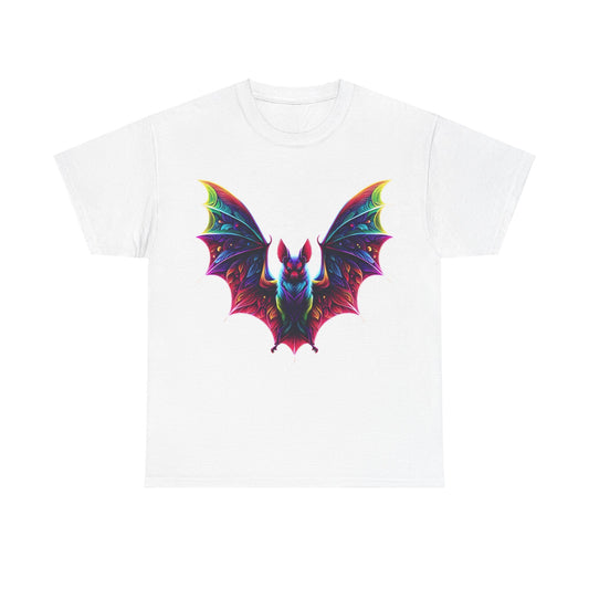 Radiant Evolution Bat Tee - A luxurious unisex cotton t-shirt featuring a vibrant stylised bat design in rainbow hues, captured on a pristine white fabric.