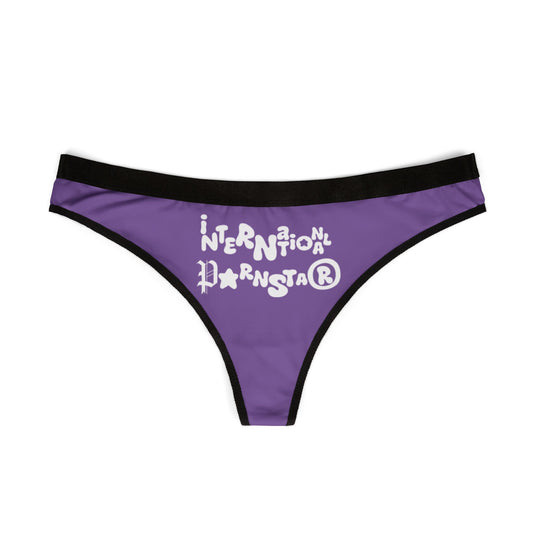 Luxurious purple thong showcasing the unique 'International Star' graphic, ideal for fashion-forward women desiring a blend of comfort and sophistication in their lingerie.