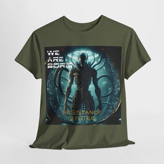 Borg Assimilated Xenomorph Graphic T-Shirt in olive green showcasing a stunning graphic design featuring the phrase 'WE ARE BORG' and 'RESISTANCE IS FUTILE', embodying a luxurious blend of sci-fi aesthetics and comfort.