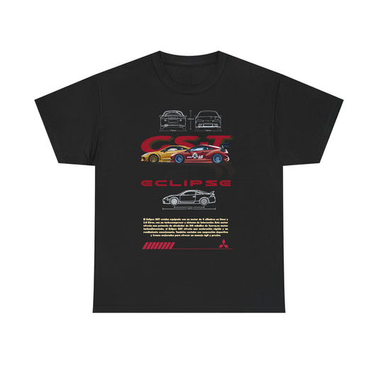Sophisticated black Mitsubishi Eclipse GST men's T-shirt with striking graphic art of the renowned car, elegantly displaying 'GST' lettering for automotive aficionados.