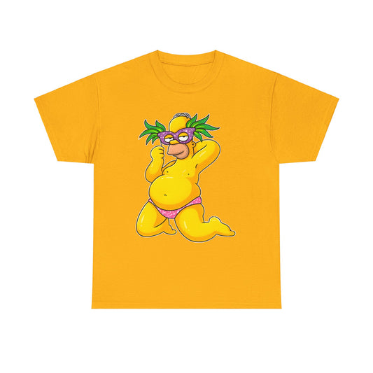 Homer Simpson Unisex Cotton Tee - Graphic T-Shirt with Playful Caricature Design showcasing a lively rendition of Homer Simpson in a vibrant yellow color, adorned in a playful bikini, a stylish addition for luxury casual wear.