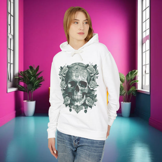 Elegant Skull and Roses Lightweight Hoodie showcased in a modern interior, highlighting a captivating skull intertwined with delicate roses. Perfect for fashion-forward individuals.
