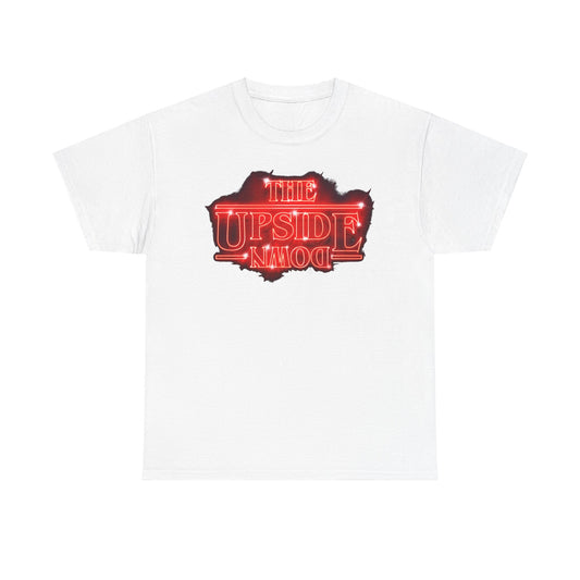 Stylish unisex short-sleeve t-shirt showcasing the captivating 'The Upside Down' graphic from Stranger Things, designed with striking neon-red lettering on a pristine white fabric, ideal for those embracing retro aesthetics.