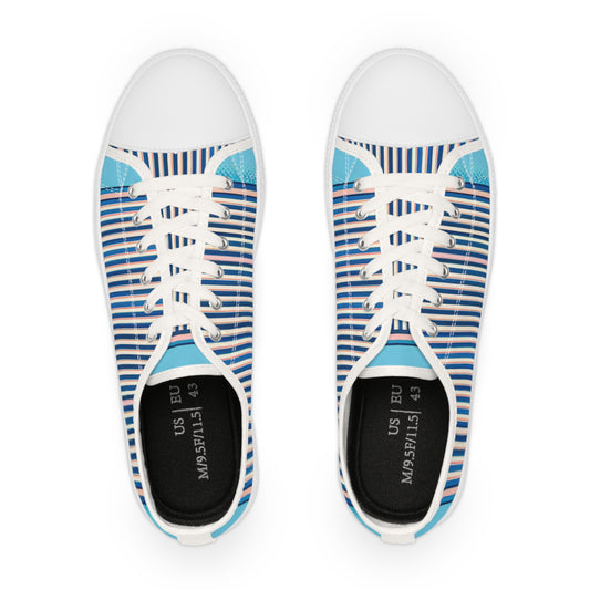 Top view of Dazzling Dreams Bolt Striker Men's Lowtop Sneakers with a captivating blue and pastel pink striped design, highlighting the stylish lacing and modern aesthetic.
