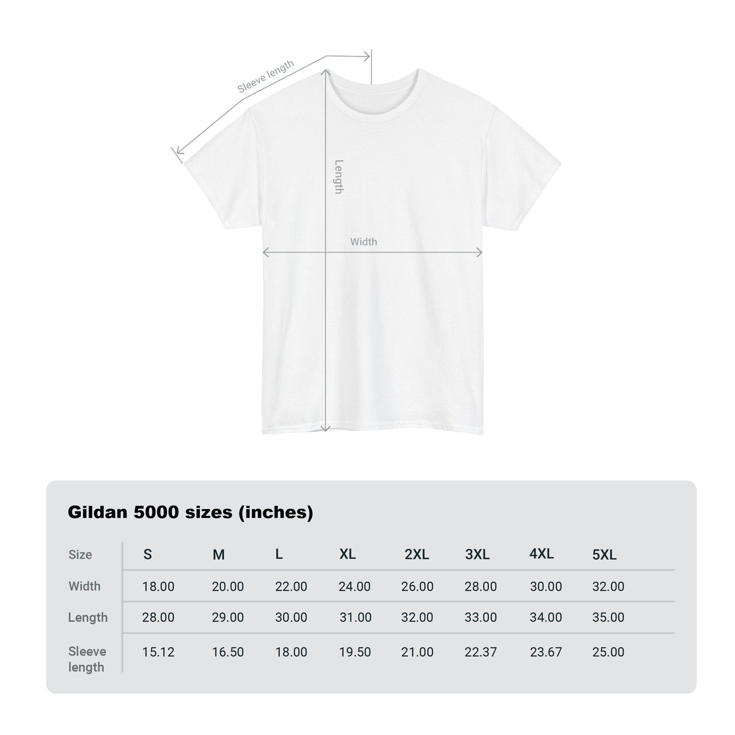 Elegant white graphic tee displaying dimensions and size guide for the classic Gildan 5000, tailored for utmost comfort and style, perfect for both men and women.