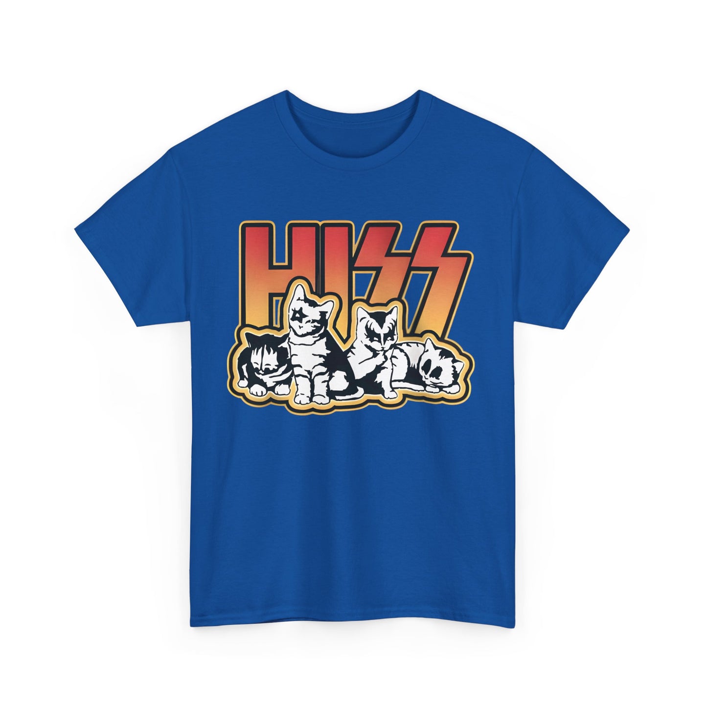 Hiss Cats Rock Band Star Wars Graphic T-Shirt in royal blue, featuring the bold 'HISS' lettering adorned with minimalist cats, providing a sophisticated take on rock-themed fashion.