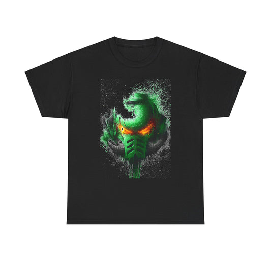 Sophisticated unisex graphic tee in black, showcasing a futuristic green and orange helmet design, perfect for adding a touch of unique flair to any wardrobe.
