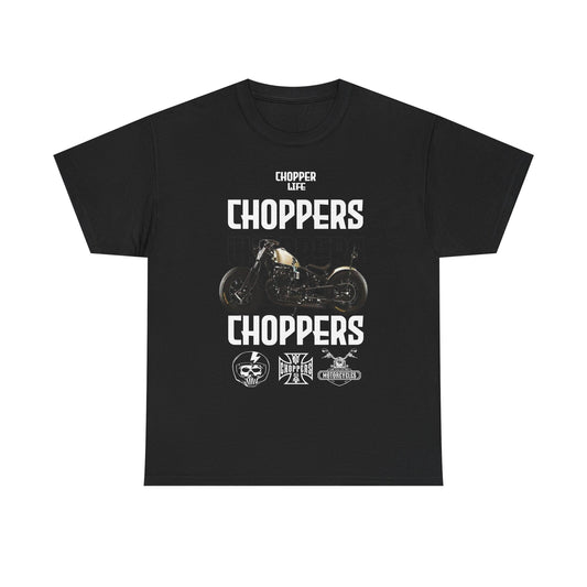 Elegant black men's T-shirt with striking 'CHOPPERS' graphic, embodying the spirit of motorcycle culture with a sophisticated look for passionate bikers.