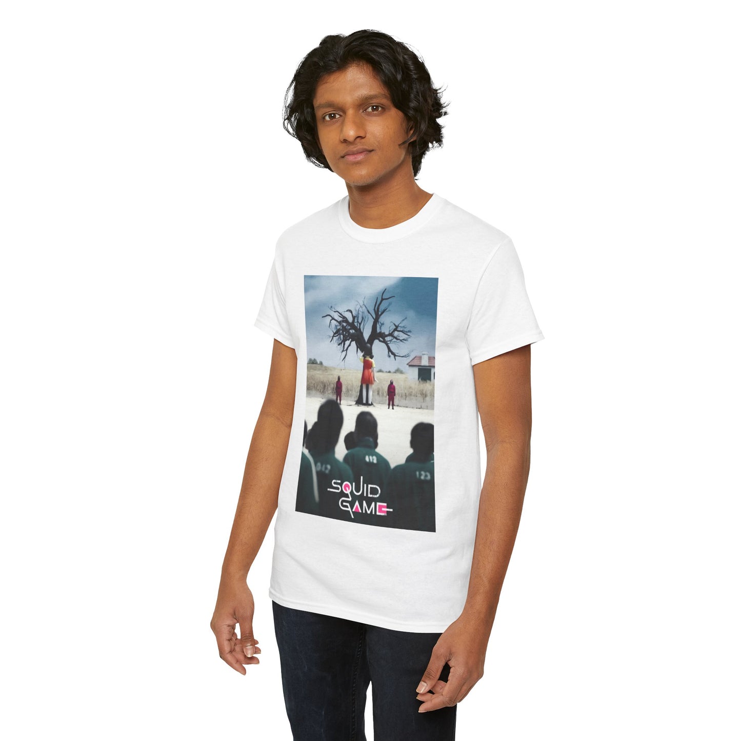Model showcasing a refined white T-shirt adorned with an eye-catching artistic graphic inspired by a popular series, combining elegance with modern streetwear aesthetics.