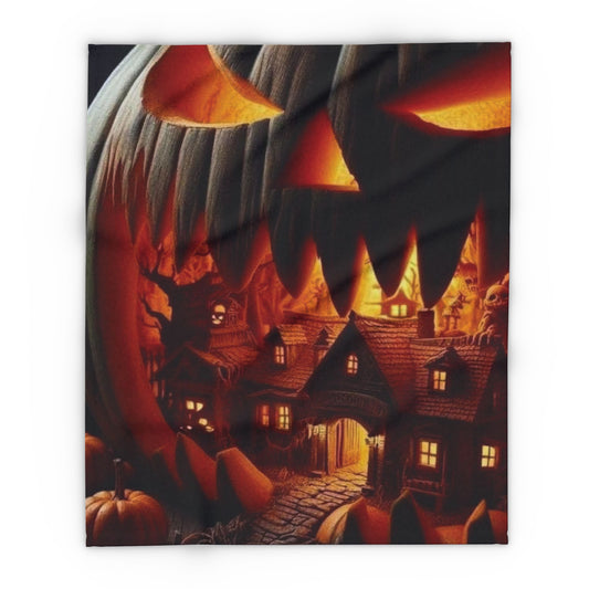 Premium Decorative and Warm Halloween Spooky Arctic Fleece Blanket showcasing a stunning pumpkin and haunted house illustration, ideal for cosy nights during the Halloween season.