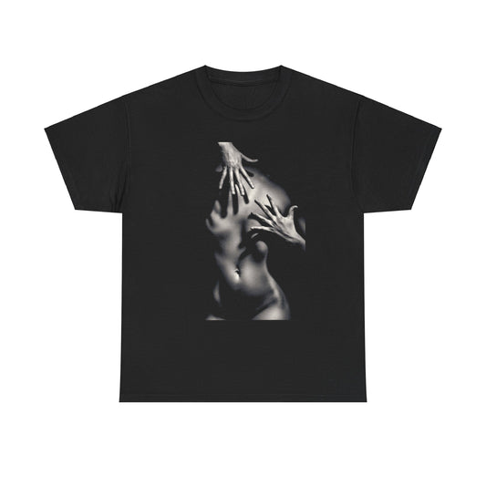 Stylish black t-shirt with a striking artistic print of hands delicately positioned on a nude form, an elegant addition to any wardrobe.