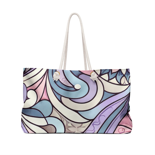 Close-up of the durable rope handles of the Aria Bellefonte Pastel Mosaic Weekender Tote Bag by Dazzling Dreams Studio, demonstrating superior comfort and quality.